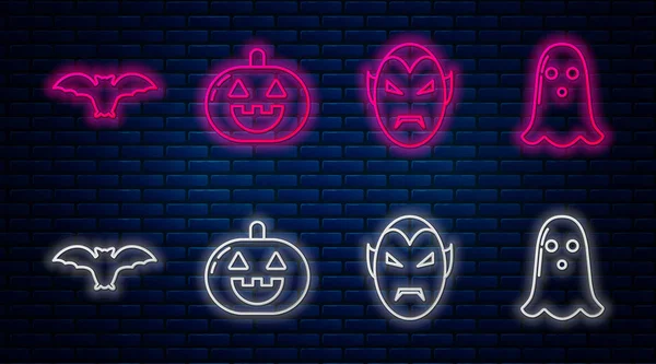 Set line Pumpkin , Vampire , Flying bat and Ghost . Glowing neon icon on brick wall. Vector — Stock Vector