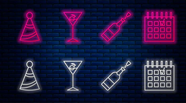 Set line Martini glass, Champagne bottle, Party hat y calendario detallado. Icono de neón brillante en la pared de ladrillo. Vector — Archivo Imágenes Vectoriales