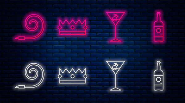 Set line Corona, vidrio Martini, cuerno de fiesta de cumpleaños y botella de cerveza. Icono de neón brillante en la pared de ladrillo. Vector — Archivo Imágenes Vectoriales