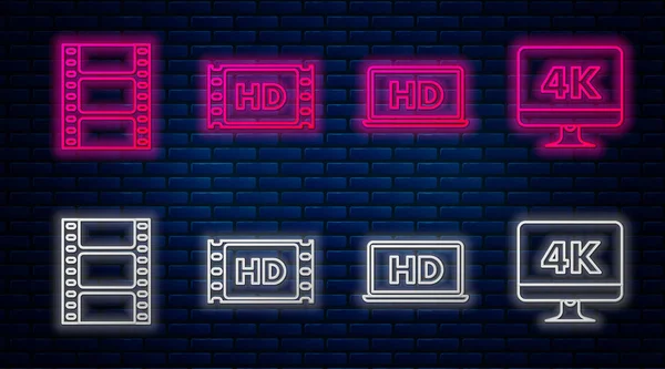 Set line 4k movie, tape, frame , Laptop screen with HD video technology , Play Video and Computer PC monitor with 4k video technology . Glowing neon icon on brick wall. Vector — Stock Vector