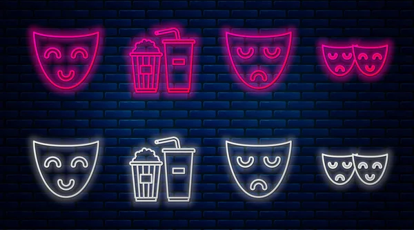 Set line Popcorn and soda drink glass, Drama theatrical mask , Comedy theatrical mask and Comedy and tragedy theatrical masks . Glowing neon icon on brick wall. Vector