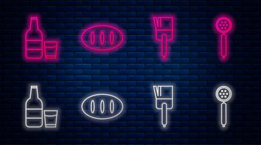 Ekmek somunu, mutfak fırçası, süt ve bardaklı cam şişe ve süzgeç kaşığı. Tuğla duvarda parlayan neon simgesi. Vektör