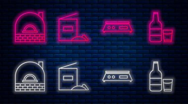 Set hattı un paketi, elektronik teraziler, Brick sobası ve cam bardak ve süt şişesi. Tuğla duvarda parlayan neon simgesi. Vektör