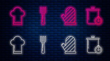 Fork, fırın eldiveni, şef şapkası, tencere ve mutfak zamanlayıcısı. Tuğla duvarda parlayan neon simgesi. Vektör