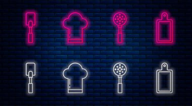 Şef şapkası, Spatula, Spatula ve Kesme tahtası. Tuğla duvarda parlayan neon simgesi. Vektör