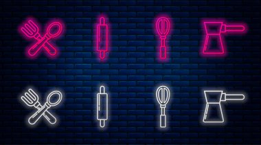 Çizgi roketli iğne, mutfak çırpısı, çapraz çatal, kaşık ve kahve türkü. Tuğla duvarda parlayan neon simgesi. Vektör