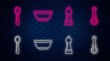 Çizgi Bowl, Pepper, Spoon ve Pizza bıçağı. Tuğla duvarda parlayan neon simgesi. Vektör