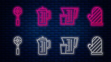 Sıralı çaydanlık, ölçü kabı, Spatula ve fırın eldiveni. Tuğla duvarda parlayan neon simgesi. Vektör