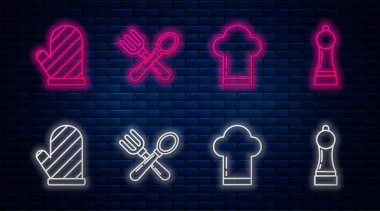 Çizgi çizgisi çatal ve kaşık, Şef şapkası, fırın eldiveni ve biber. Tuğla duvarda parlayan neon simgesi. Vektör