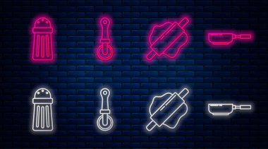 Pizza bıçağı, merdane, tuzluk ve kızartma tavası. Tuğla duvarda parlayan neon simgesi. Vektör
