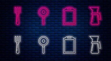 Hattı kurun, tavayı kesin, çatal ve ölçü kabını hazırlayın. Tuğla duvarda parlayan neon simgesi. Vektör