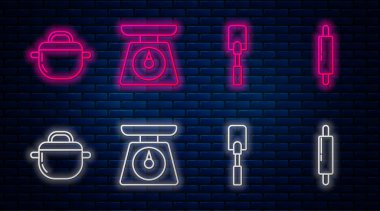 Hat ölçekleri, Spatula, Tencere ve Yuvarlama İğnesi. Tuğla duvarda parlayan neon simgesi. Vektör