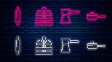 Tuz ve biber, Türk kahvesi, raptiye ve kızartma tavası. Tuğla duvarda parlayan neon simgesi. Vektör