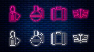 Hat el bombası, askeri cephane kutusu, askeri künye ve askeri ödül madalyası. Tuğla duvarda parlayan neon simgesi. Vektör