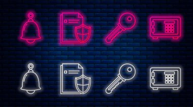 Doküman koruma konsepti, anahtar, zil ve kasa ayarlayın. Tuğla duvarda parlayan neon simgesi. Vektör