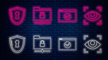 Ftp dizinini ayarla ve kilitle, siteni Https, Ssl, Shield ile kilitle anahtar deliği ve göz taramasıyla. Tuğla duvarda parlayan neon simgesi. Vektör