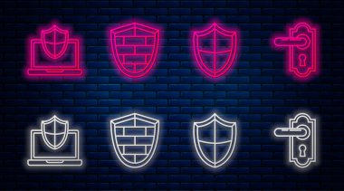 Siber güvenlik duvarı, kalkanı, kalkanı ve kapı koluyla korunan dizüstü bilgisayarı olan bir kalkan ayarla. Tuğla duvarda parlayan neon simgesi. Vektör