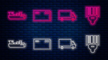 Hat Envelope, kargo kamyonu, kargo gemisi kutu teslimat servisi ve tarayıcı barkodu. Tuğla duvarda parlayan neon simgesi. Vektör