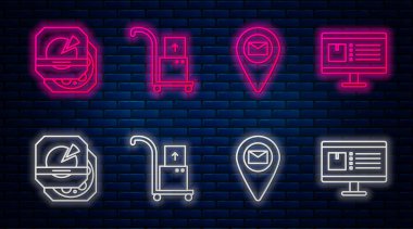 Hat el arabası ve kutular, harita kağıdındaki yer tutucu, mukavva kutudaki pizza ve uygulamalı bilgisayar monitörü. Tuğla duvarda parlayan neon simgesi. Vektör