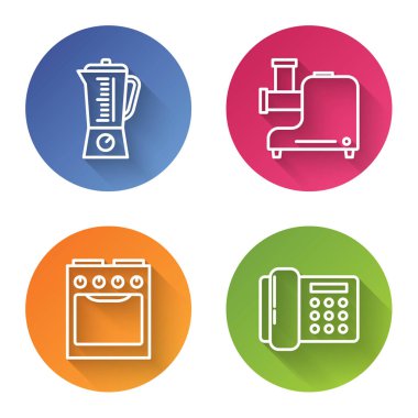 Hat blenderi, mutfak kıyma makinesi, fırın ve telefon. Renkli daire düğmesi. Vektör