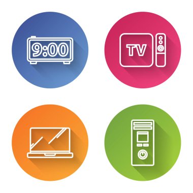 Satır dijital alarm saatini, televizyon kutusu alıcısını ve uzaktan kumandalı oyuncuyu, dizüstü bilgisayarı ve uzaktan kumandasını ayarla. Renkli daire düğmesi. Vektör