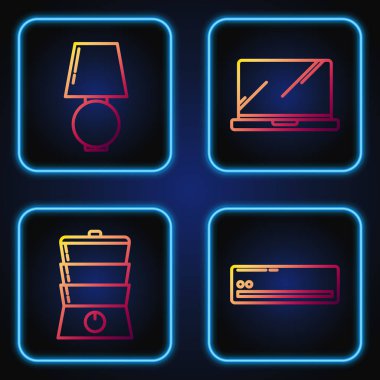 Hattı ayarlayın, klima, çift ısıtıcı, masa lambası ve dizüstü bilgisayar. Renk simgeleri. Vektör