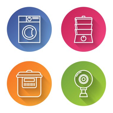 Set line Washer , Double boiler , Slow cooker and Web camera . Color circle button. Vector