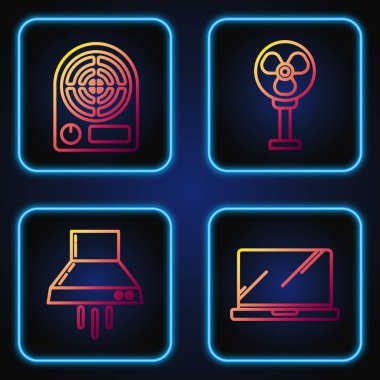 Dizüstü bilgisayar, mutfak vantilatörü, elektrikli ısıtıcı ve vantilatör ayarlayın. Renk simgeleri. Vektör