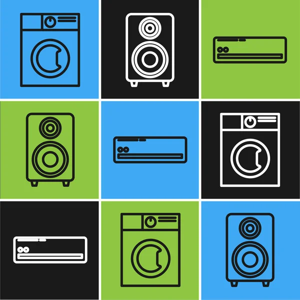 Set-Line-Waschmaschine, Klimaanlage und Stereo-Lautsprecher-Symbol. Vektor — Stockvektor