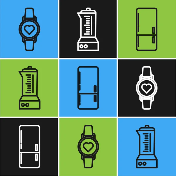 Set line Smart watch showing heart beat rate , Refrigerator and Blender icon. Vector — Stock Vector