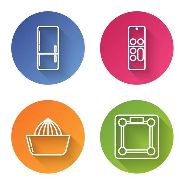 Set line Refrigerador, Control remoto, Exprimidor de frutas cítricas y básculas de baño. Botón círculo de color. Vector — Vector de stock