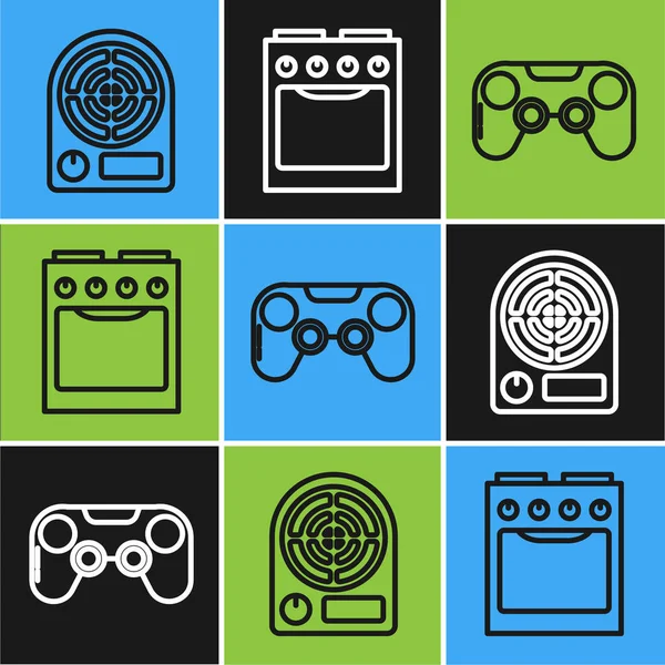 Ορισμός γραμμής Ηλεκτρικός θερμαντήρας, Gamepad και το εικονίδιο Φούρνος. Διάνυσμα — Διανυσματικό Αρχείο