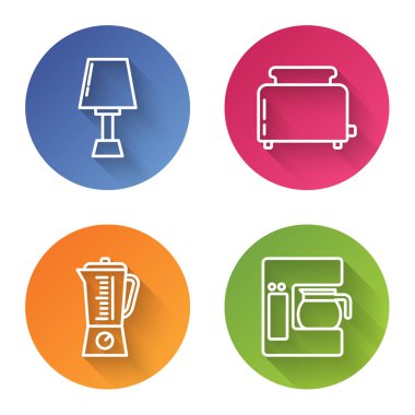 Masa lambası, tostlu tost makinesi, karıştırıcı ve cam demlikli kahve makinesi. Renkli daire düğmesi. Vektör