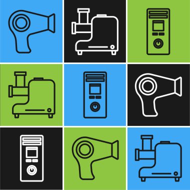 Set line Hair dryer , Remote control and Kitchen meat grinder icon. Vector