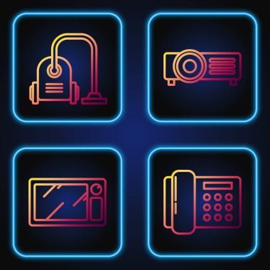 Telefon hattı, mikrodalga fırın, elektrikli süpürge ve sunum, film, film, medya projektörü. Renk simgeleri. Vektör