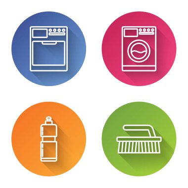 Çamaşır makinesi, bulaşık makinesi, sıvı bulaşık deterjanı için plastik şişeler ve temizlik için fırça ayarla. Renkli daire düğmesi. Vektör