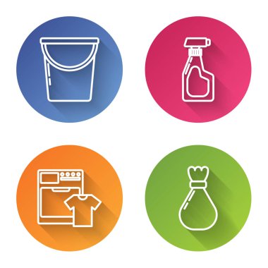 Kova, temizlik spreyi, deterjan, çamaşır makinesi, tişört ve çöp torbası. Renkli daire düğmesi. Vektör