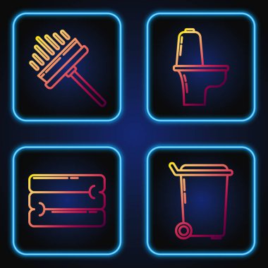 Çöp tenekesi, havlu yığını, silecek, kazıyıcı, silecek ve klozet. Renk simgeleri. Vektör