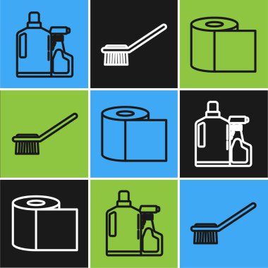 Plastik şişeleri sıvı bulaşık deterjanı, tuvalet kağıdı rulosu ve tuvalet fırçası ikonu için ayarla. Vektör