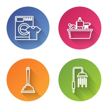 Sıralı çamaşır makinesi ve tişört, sıvı bulaşık deterjanı için plastik şişeler, tuvalet pompası ve su damlaları akan duş başlığı. Renkli daire düğmesi. Vektör