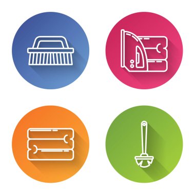 Temizlik için ip fırçasını, elektrikli ütüyü ve havluyu, havlu yığınını ve tuvalet fırçasını ayarla. Renkli daire düğmesi. Vektör