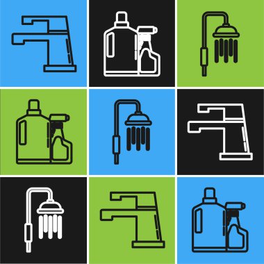 Hat su musluğu, su damlaları akan duş başlığı ve sıvı bulaşık ikonu için plastik şişeler. Vektör