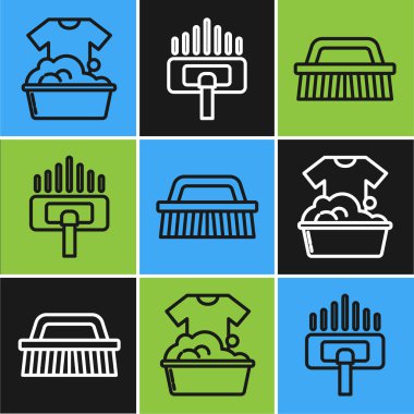 Set line Plastic basin with soap suds , Brush for cleaning and Vacuum cleaner icon. Vector