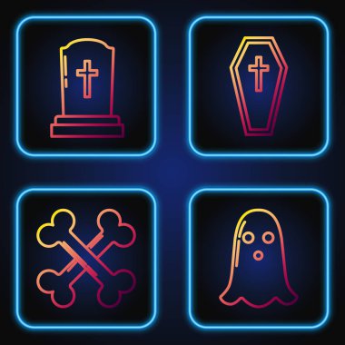 Hayalet, Çapraz Kemikler, Haçlı Tombstone ve Hıristiyan Haçı ile Tabut. Renk simgeleri. Vektör