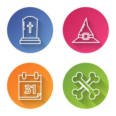 Hattı haçlı Tombstone, cadı şapkası, cadılar bayramı tarihi 31 Ekim ve çapraz kemikli takvim. Renkli daire düğmesi. Vektör