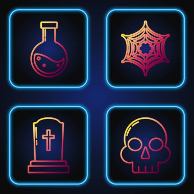 Çizgiyi Kurukafa, haçlı Tombstone, iksirli şişe ve örümcek ağıyla çiz. Renk simgeleri. Vektör