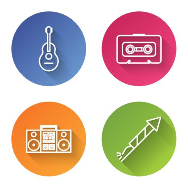 Gitar, Retro ses kaseti, iki hoparlörlü ev teybi ve Firework roketi ayarla. Renkli daire düğmesi. Vektör