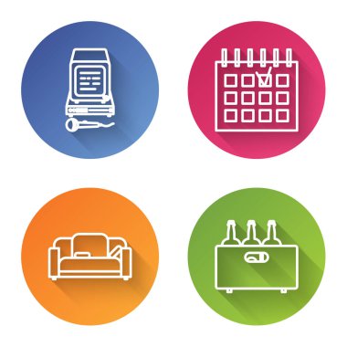 Karaoke hattı, Detaylı takvim, ahşap bir kutuda kanepe ve şarap şişeleri. Renkli daire düğmesi. Vektör