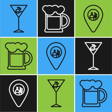 Set line Martini glass , Alcohol or beer bar location and Wooden beer mug icon. Vector