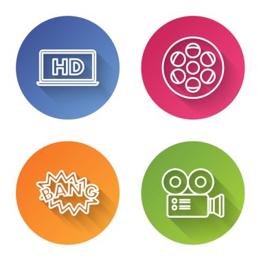 Set line Laptop screen with HD video technology , Film reel , Bang boom text speech bubble balloon and Cinema camera . Color circle button. Vector